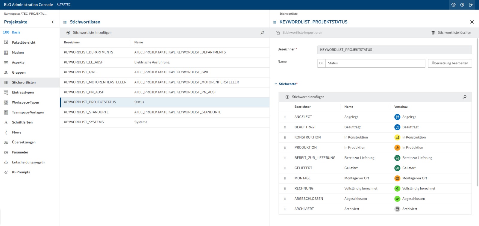 ELO Administration Stichwortlisten — Webect Konfiguration